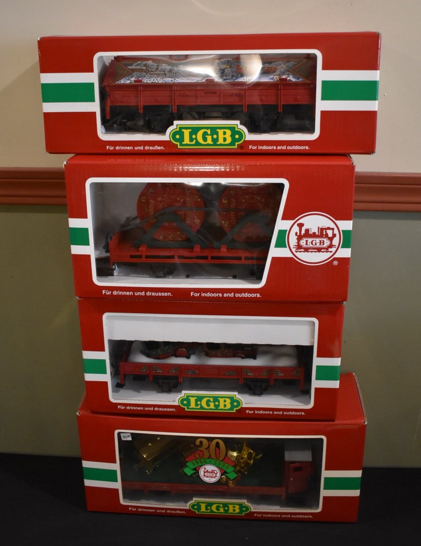 Lot of 4 LGB G Scale Christmas Cars: A lot of 4 LGB G Scale Christmas Cars including 41124, 42100, 41020 and 45110. All are in original boxes.