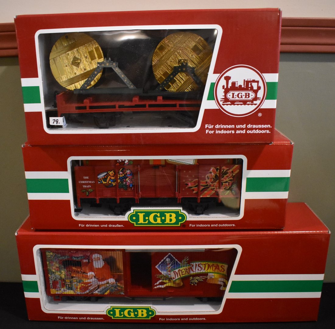 Lot of 3 LGB G Scale Christmas Cars: A Lot of 3 LGB G Scale Christmas Cars including 47674, 41023 and 40217. All are in original boxes.