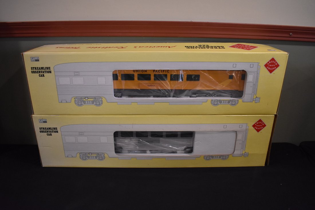 Lot of 2 Aristocraft G Streamline Observation Cars: A Lot of 2 Aristo Craft G Scale Streamline Observation Cars, 32404 Union Pacific "Eureka" and 32405 Santa Fe ATSF "Awatobi", in boxes.