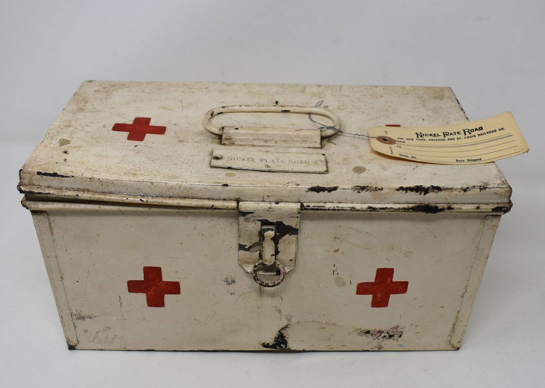 Vintage Nickel Plate Road Railroad First Aid Box: Vintage Nickel Plate Road Railroad First Aid Box, measures 12" x 6", with contents