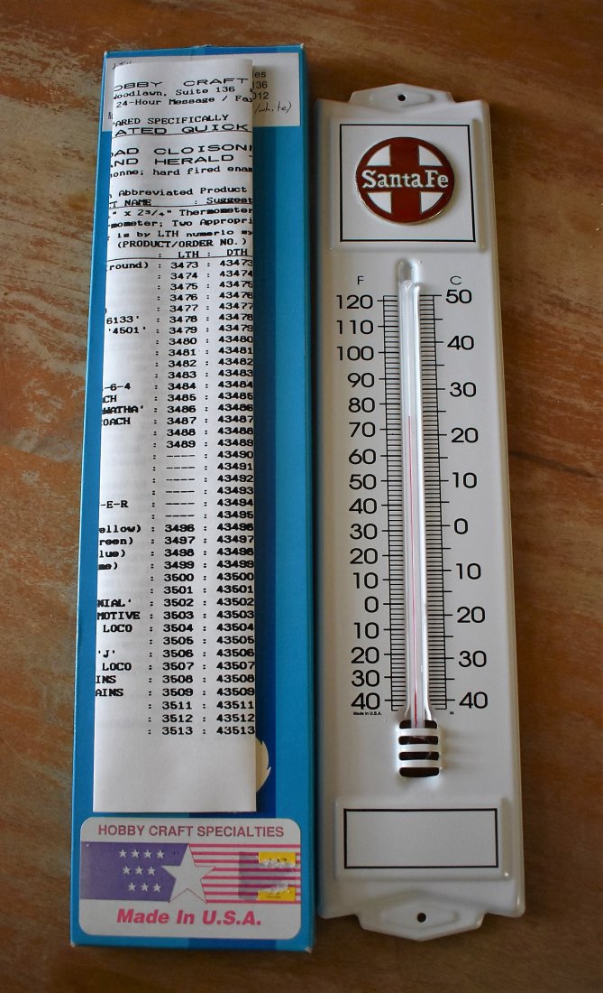 Santa Fe Railroad Metal Thermometer NEW: Hobby Craft Specialties Santa Fe Metal Thermometer, measures 13", new in box