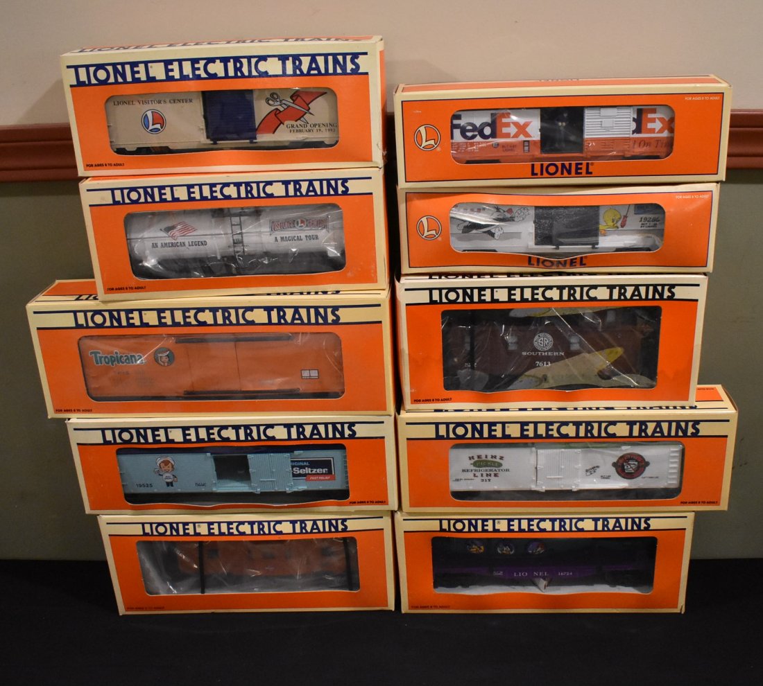 10 Assorted Lionel cars: A Lot of 10 Assorted Lionel Cars, as shown