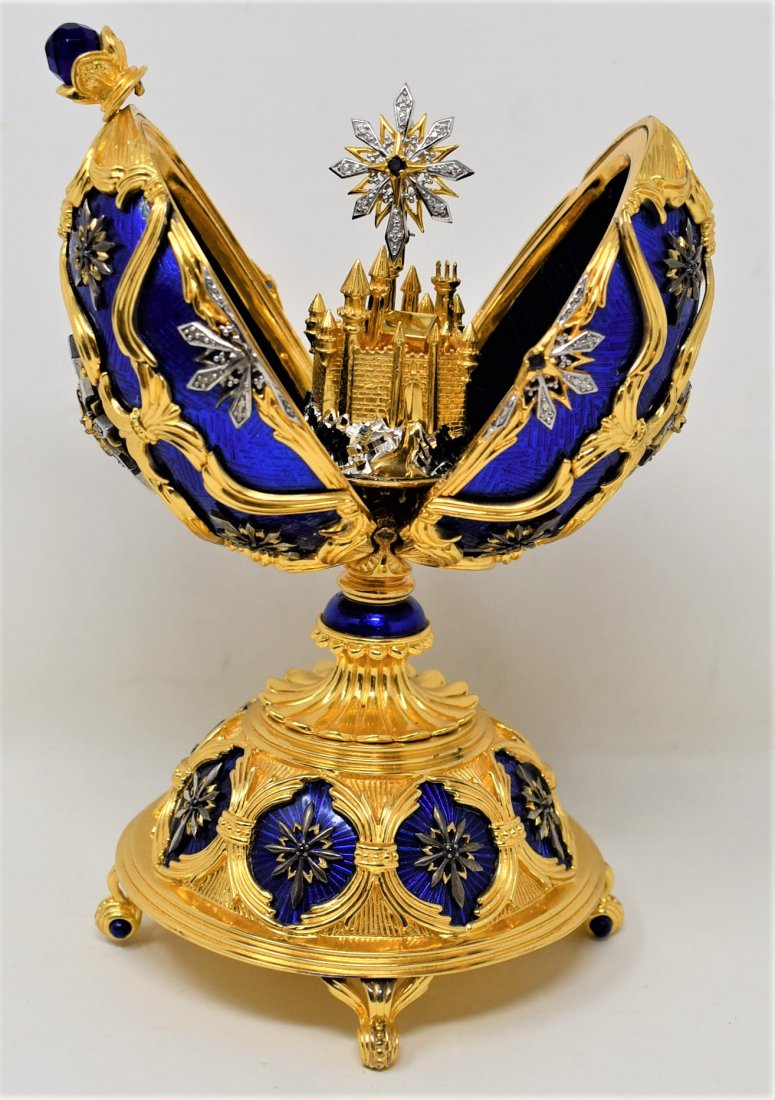 Faberge Egg Sterling Silver 14K Diamond Sapphire: Super Rare Franklin Mint House of Faberge The Star of the North Musical Egg - pure Sterling Silver (Weighs 29oz. (1lb 13oz) on a postal scale- 7.5" Tall, 4" wide, Highlighted with Diamonds and Sapphir