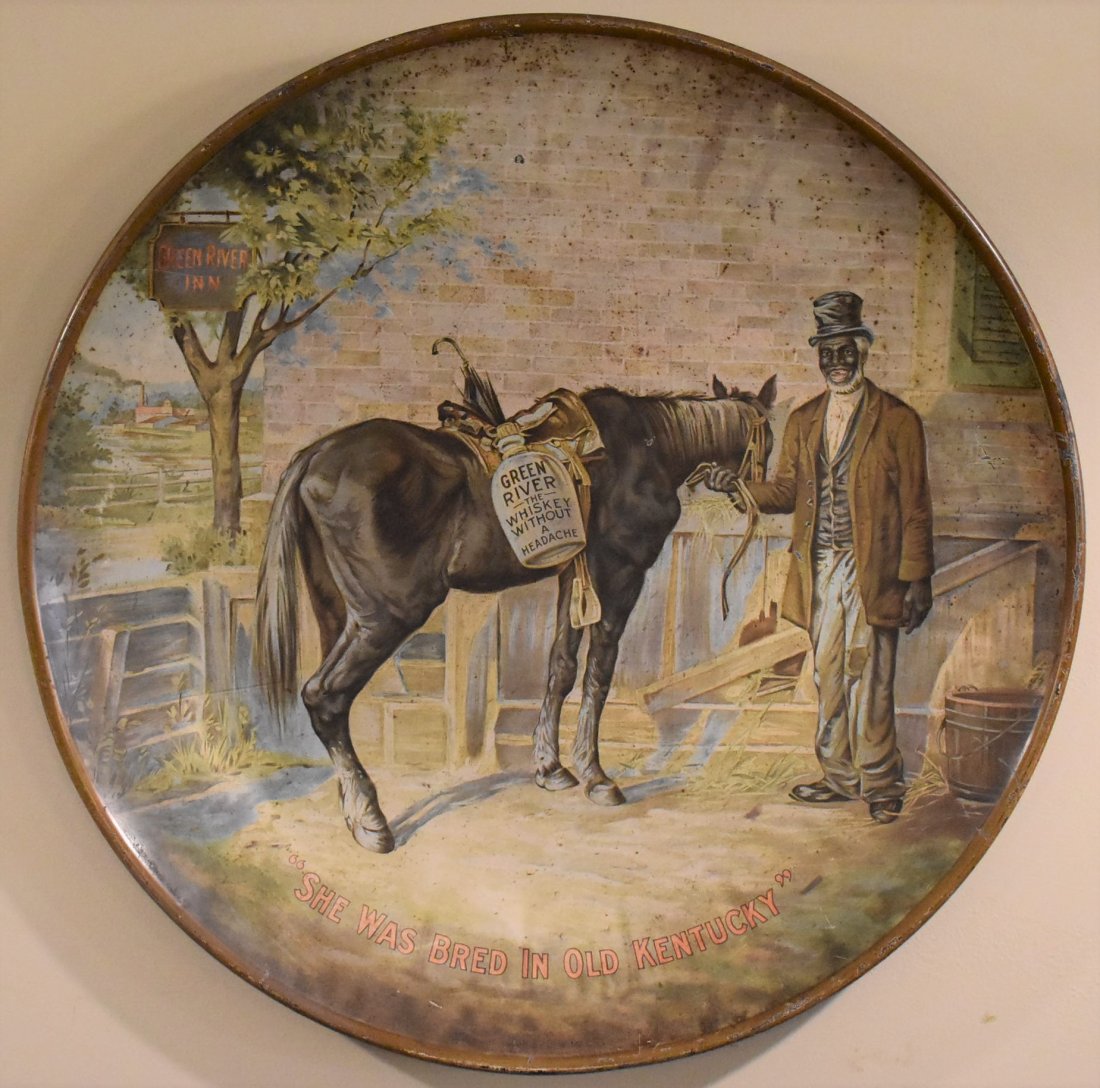 Green River Whiskey Charger Tray Advertising Sign tin: Green River Whiskey Charger/Tray Advertising Sign tin Litho - 24" Round - J. W. McCulloch, Chas W. Shonk Co. Litho Chicago - in as shown condition with some dents and imperfections as shown - please s