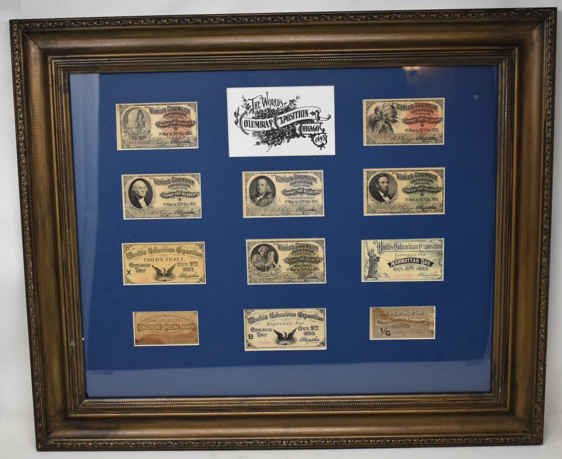 1893 Complete Set of 11 Columbian Exposition Tickets: 1893 Complete Set of 11 The World's Columbian Exposition World's Fair Tickets - Great collection, professionally Matted and Framed and ready to be Hung on your wall - great condition on this piece