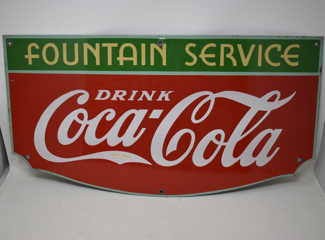 Coca Cola Fountain Service Porcelain Enamel Sign 1935: Single sided die cut Coca Cola Fountain Service Porcelain Enamel Sign - Dated 1935 - by Tenn Enamel MFG Co. Nashville - sign is 27" x 14" - amazing shape - see pictures!!