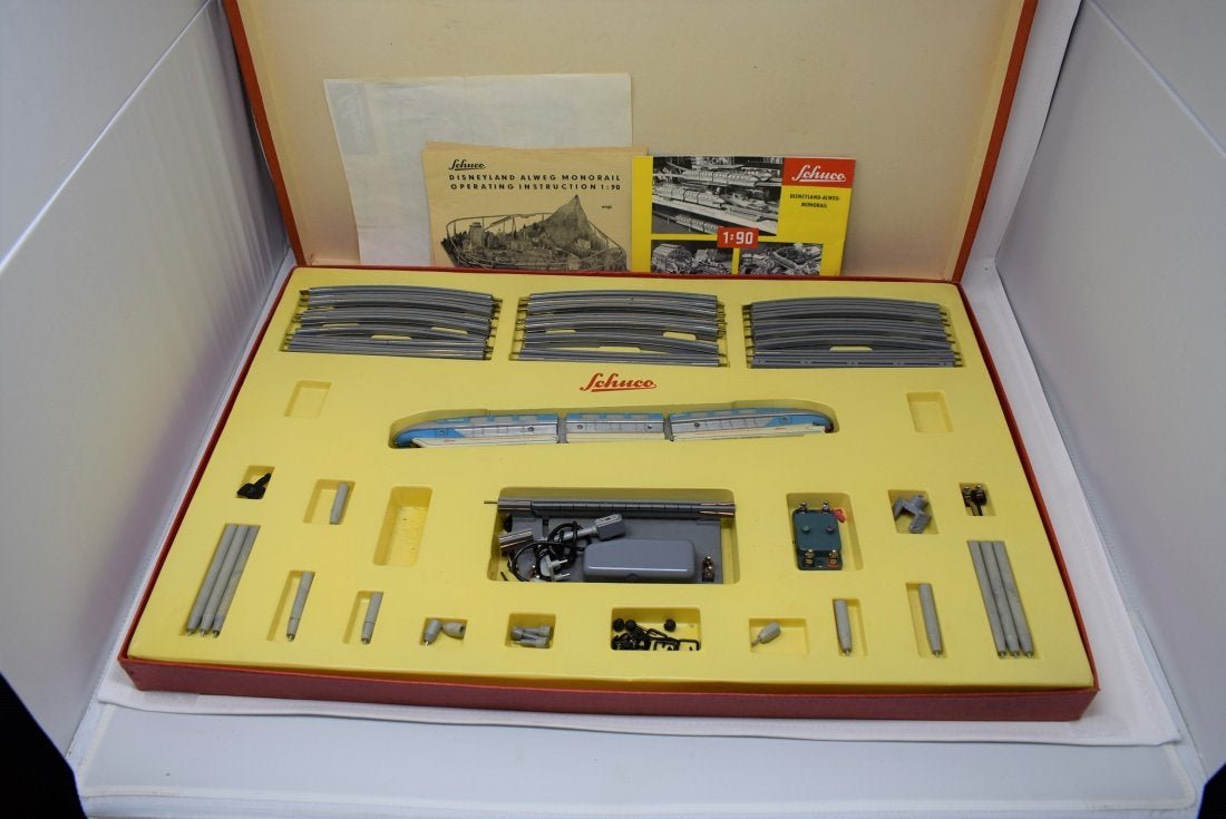 Schuco Disneyland Monorail Set: Vintage Schuco Disneyland Monorail Set, in original box with Transformer, 1:90 Scale "Highway in the Sky" Includes everything shown.