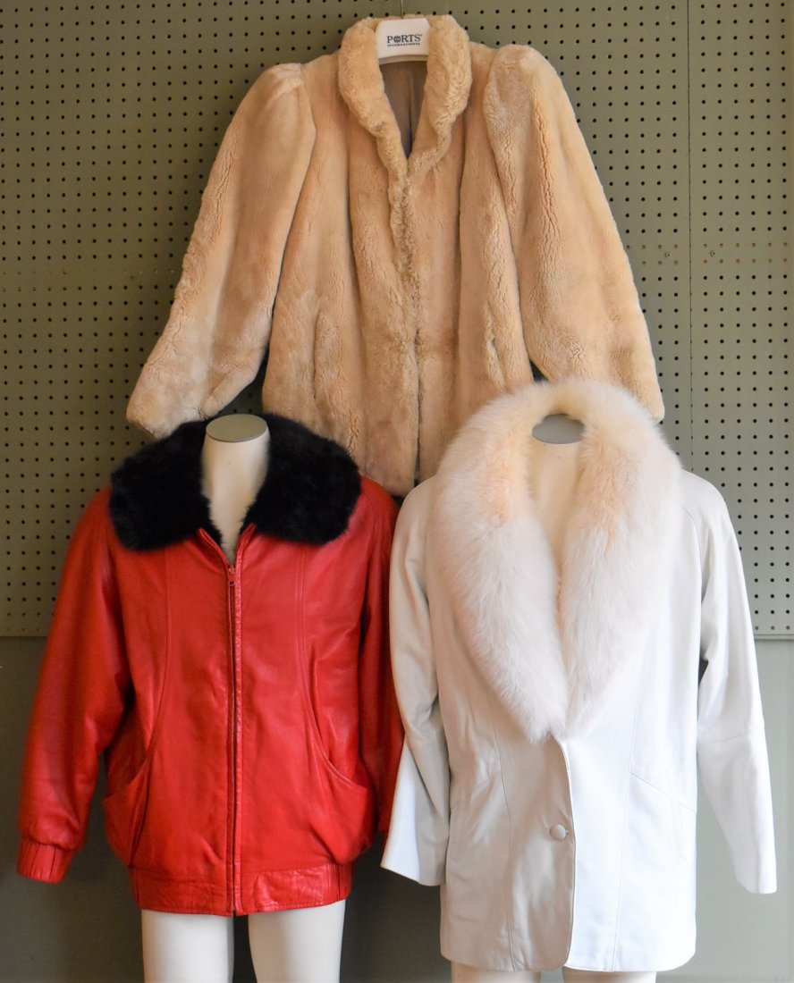 Lot of 3 Women's Fur Coats Sheared Beaver Mink Leather: Red one is Leather & Mink Lined (has a spot as shown) - One is White Leather with Fur Collar (we believe its Fox) and the Third one is Sheared Beaver (cream color) - The White Leather is Marked Medium
