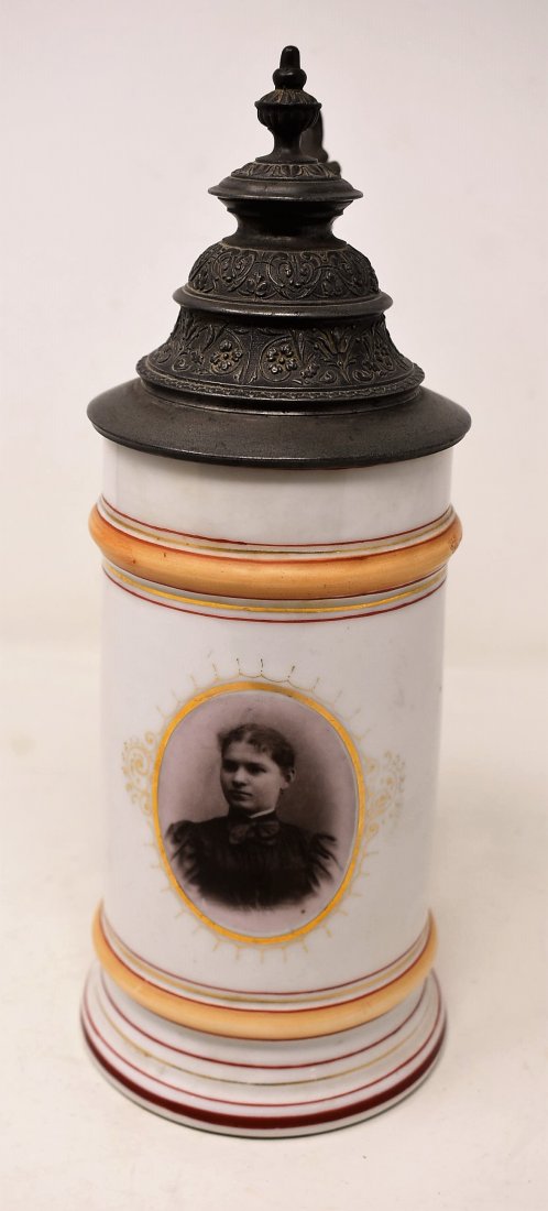 1/2 Liter Porcelain Lithophane Stein - with Portrait: half liter porcelain stein featuring a real photo portrait of Augusta Vikoria of Schleswig-Holstein, spouse of Kaiser Wilheim IILithophane is of Kaiser Wilhelm IIMint, measures 10" slight wear to lowe