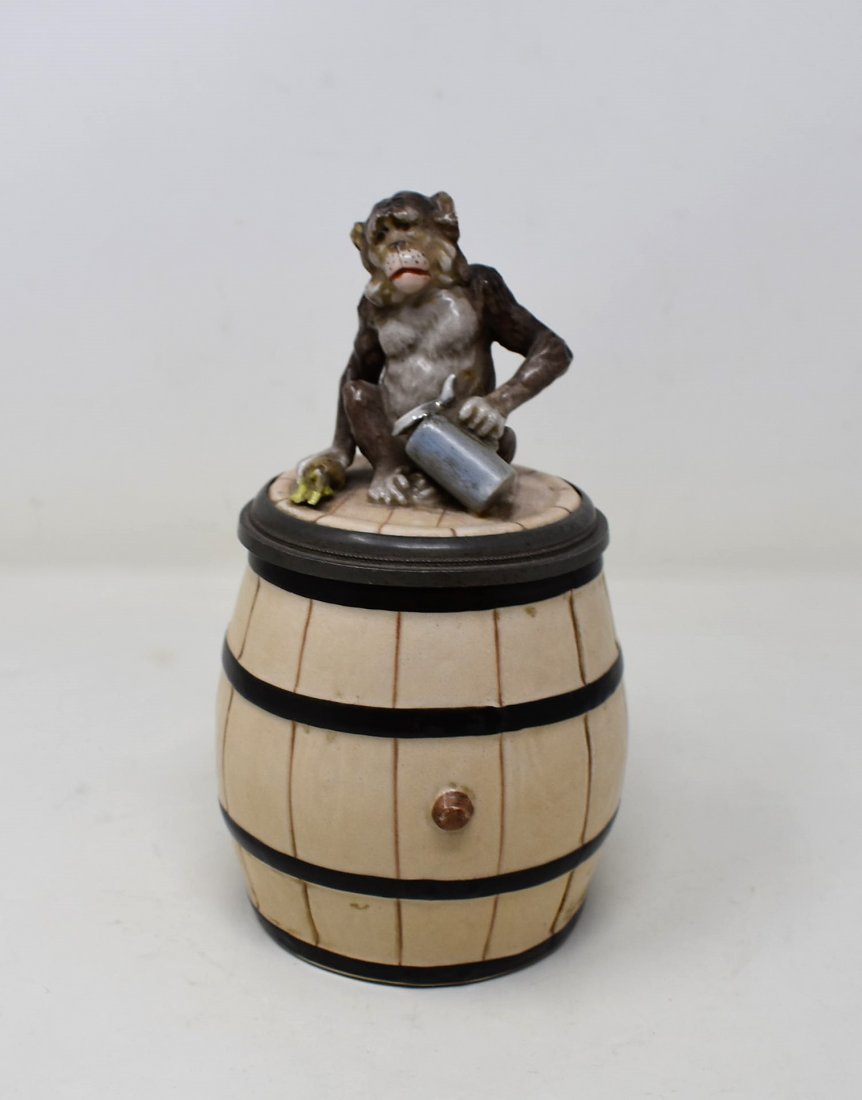 Schierholz barrel w monkey lid & fish handle Stein: marked musterschutz, 1/2 liter schierholz porcelain character stein. Barrel stein with monkey lid and fish handle. measures 7.5" tall