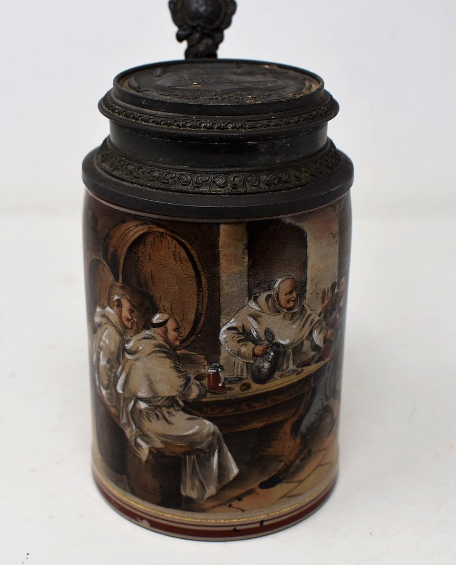 1/2 Liter Stoneware Stein, Lemp Brewing: a half liter stoneware stein .5l, transfer and handpainted decoration. pewter id marked Pauson Munchen, monks drinking. pewter lid marked Lemp, St. Louis, mint,