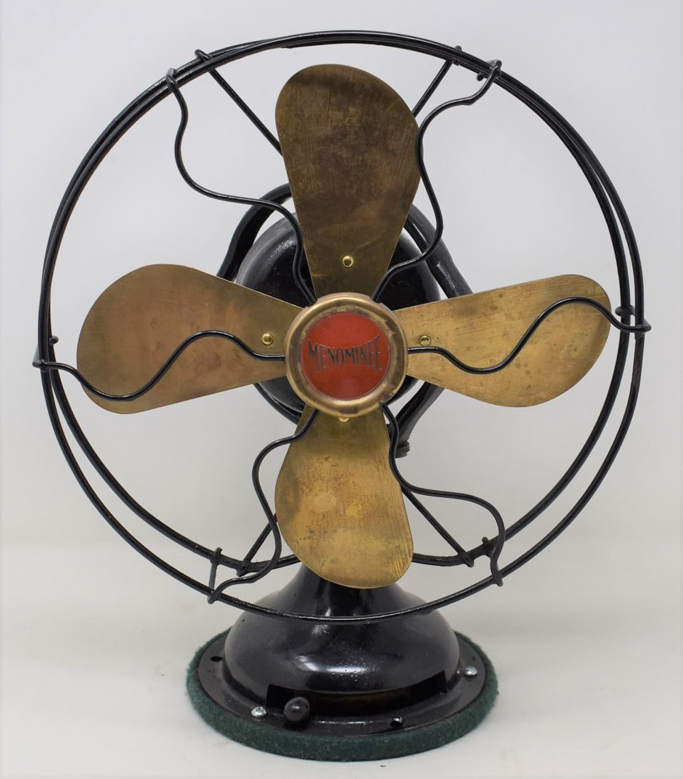Menominee Brass Blade Fan: Menominee Brass Blade Fan - no cord on this one, operating condition unknown