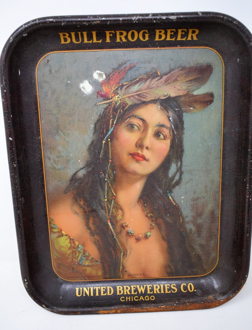 Vintage United Brewing Bull Frog Beer Tray: Vintage United Brewing Chicago Bull Frog Beer Tray, "Joneta" by Raphael Beck. It measures 13.5" x 10.5"