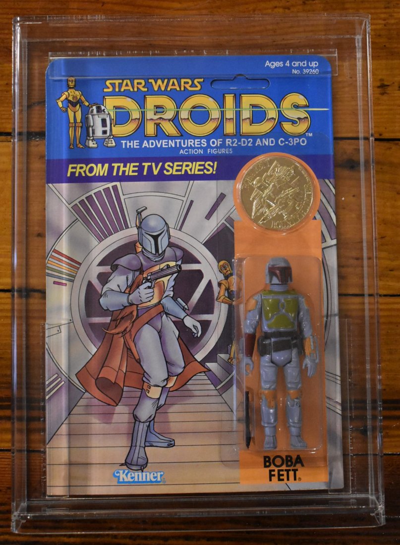 Star Wars Droids Boba Fett Recarded Action Figure: Star Wars Droids Boba Fett Recarded Action Figure - Original Figure on Reproduction Card, With Repro Coin (and maybe Weapon?) - Card is marked with an R next to the bar code indicating its a repro - T