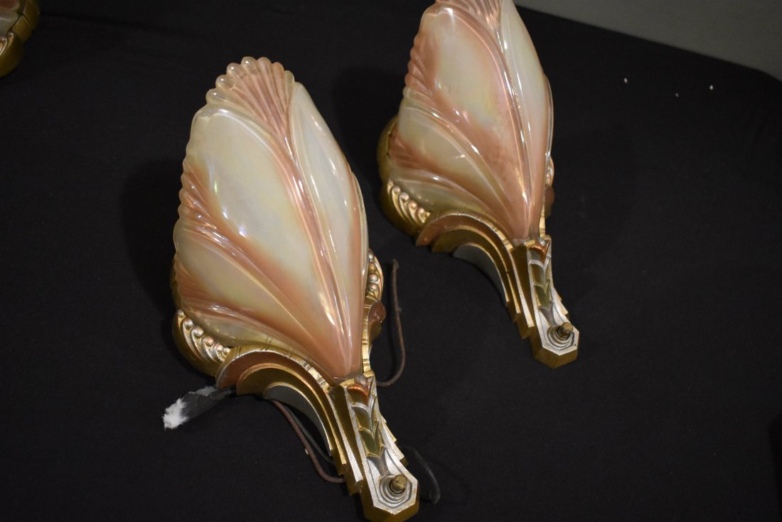 Pair of Vintage Art Deco Wall Lights: Gorgeous Pair of Vintage Art Deco Wall Lights, the shades measure 7" long