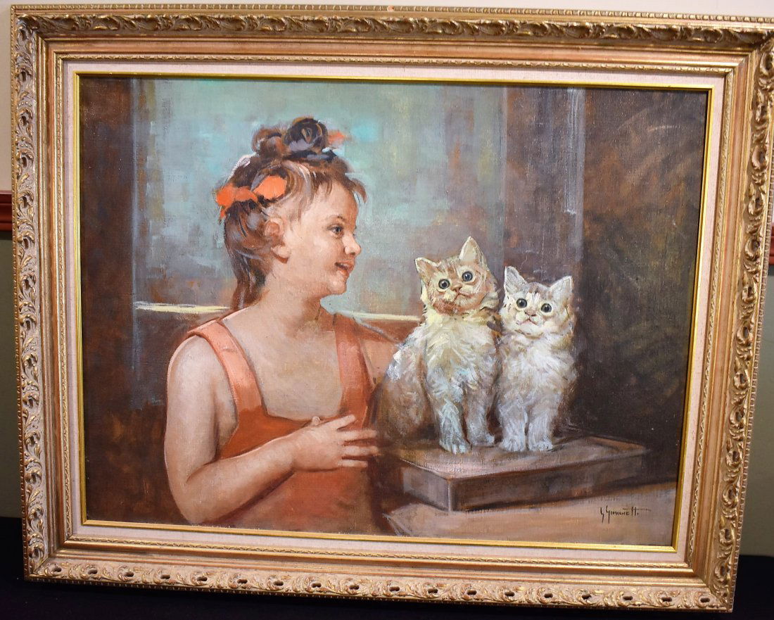 Large Giordano Giovanetti Original Oil Painting: Large Giordano Giovanetti Original Oil Painting, Girl with Cats. The canvas measures 32" x 24", frame is 39" x 31"