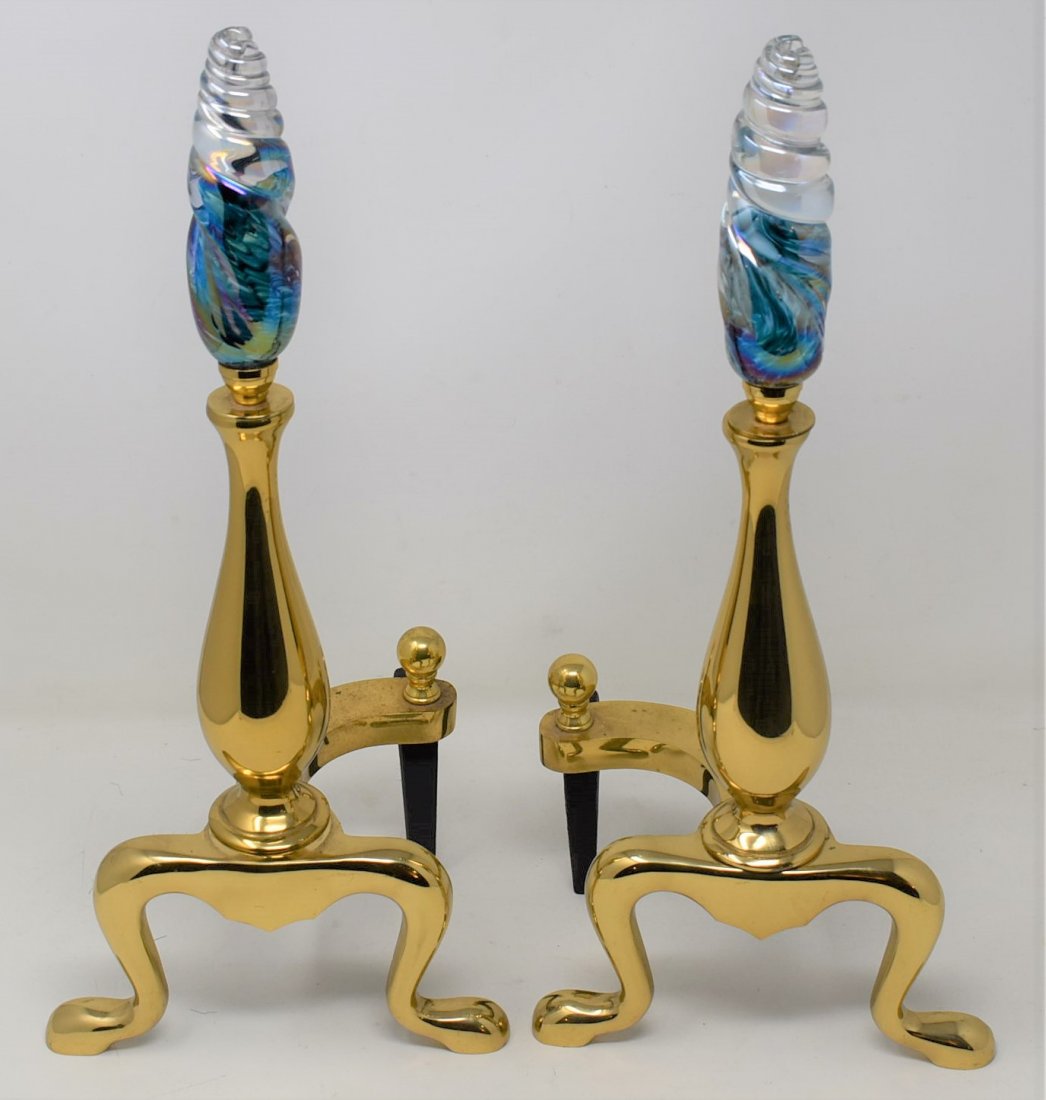 Signed Art Glass Paperweight Brass Andirons: modern Signed Brass and Art Glass Paperweight Andirons and dated '94 - we could not determine the glass blowers initials, sorry. These will be disassembled for shipping so that they will ship cheaper