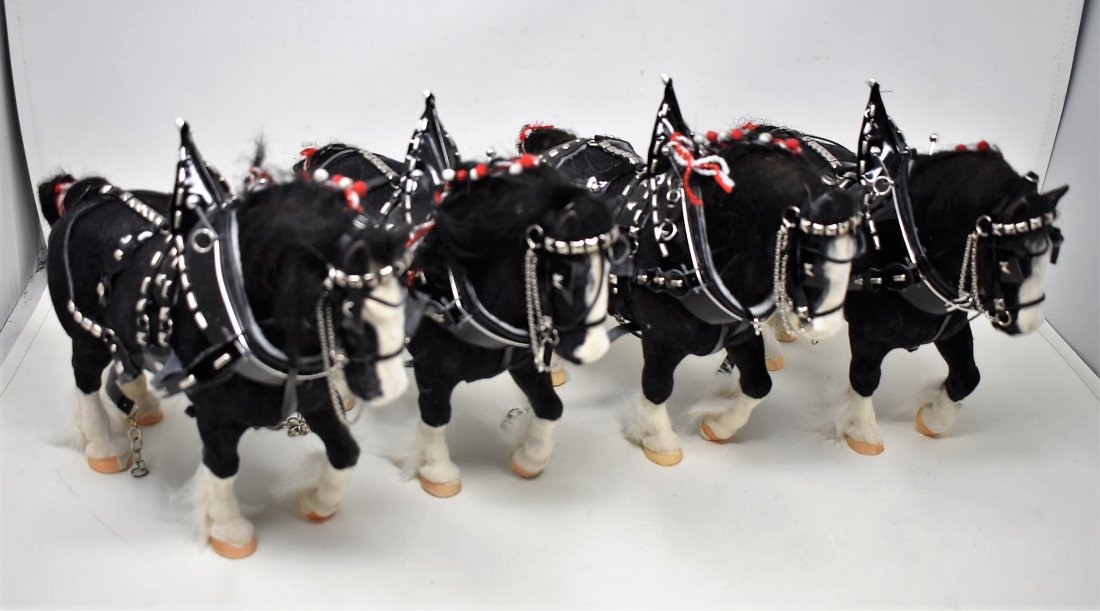 Lot of 4 Flocked Breyer Horses w Fancy Tack Work Horses: A Group of 4 Flocked Breyer Work Horses with extensive Hardware, as shown.