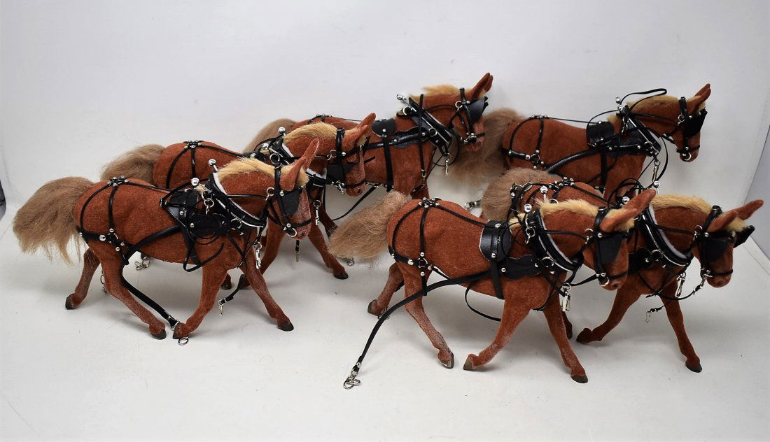 Lot of 6 Flocked Small Horses with Tack: A Group of 6 Small Flocked Horses with Tack. They measure 6.25" tall