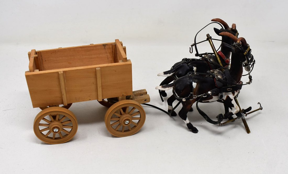Pair of Flocked Breyer Goats with Cart and Harness: Pair of unusual Flocked Breyer Goats with Cart and Harness, as shown