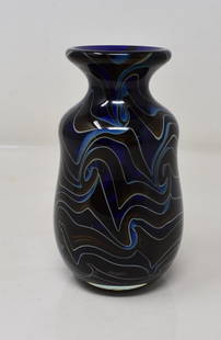 1975 Charles Lotton Blue Swirl Vase: Early Charles Lotton 1975 Heavy Deep Blue Art Glass Vase with Blue/Brown Swirls. It measures 5" tall. This unusual vase was done early in Charles' career.