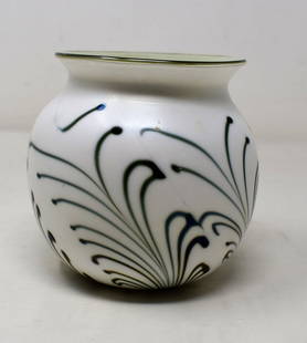 Early Charles Lotton 1979 "Palm" Art Glass Vase: 1979 Charles Lotton Art Glass Vase in the "Palm" style. It is white with a pale green interior and measures 5" tall. Signed and dated.