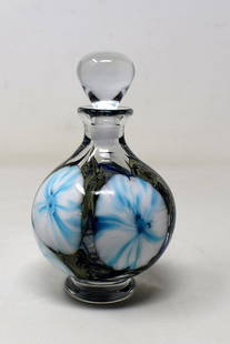 Early Charles Lotton 1974 Multi Flora Perfume Bottle: GORGEOUS Early 1974 Charles Lotton Multi Flora Art Glass Perfume Bottle with Stopper. It measures 6" tall and is signed/dated.