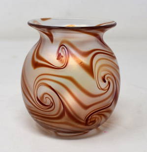 1973 Charles Lotton Butterscotch Swirl Vase: Early 1973 Charles Lotton Art Glass Vase, frosted glass with butterscotch color swirls, measures 4" tall. It is signed and dated. Very light and delicate.