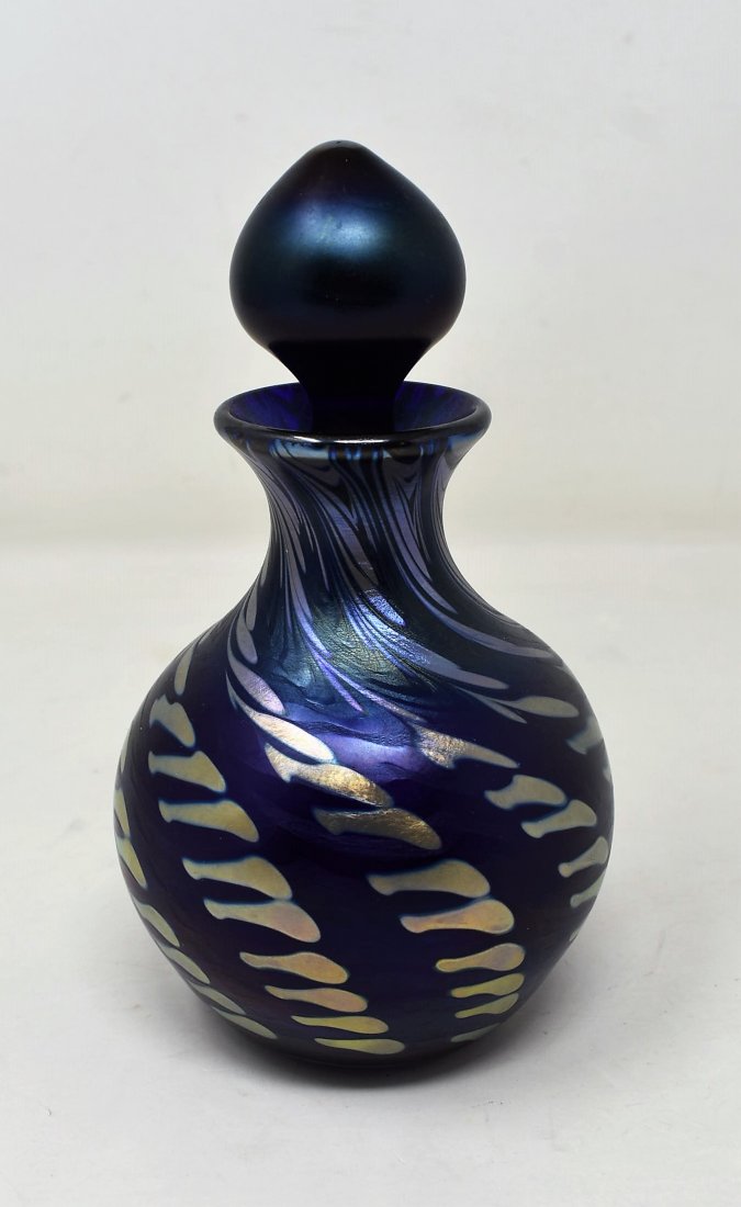 1976 Charles Lotton Iridescent Zipper Perfume Bottle: Breathtaking Charles Lotton 1976 Edition Iridescent "Zipper" Perfume Bottle with Stopper. IT measures 6.5" tall and is signed, dated and numbered 80/200.
