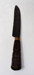Interesting Folk Art Carved Knife: Folk Art Carved Knife with carved handle and blade, measures 10.5" tall
