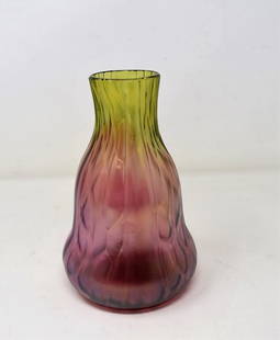 Unusual Cranberry and Green Wilhelm Kralik Glass Vase: Wilhelm Kralik "Honeycomb in Pearl" Cranberry and Green Art Glass Vase, measures 7.5" tall, unmarked