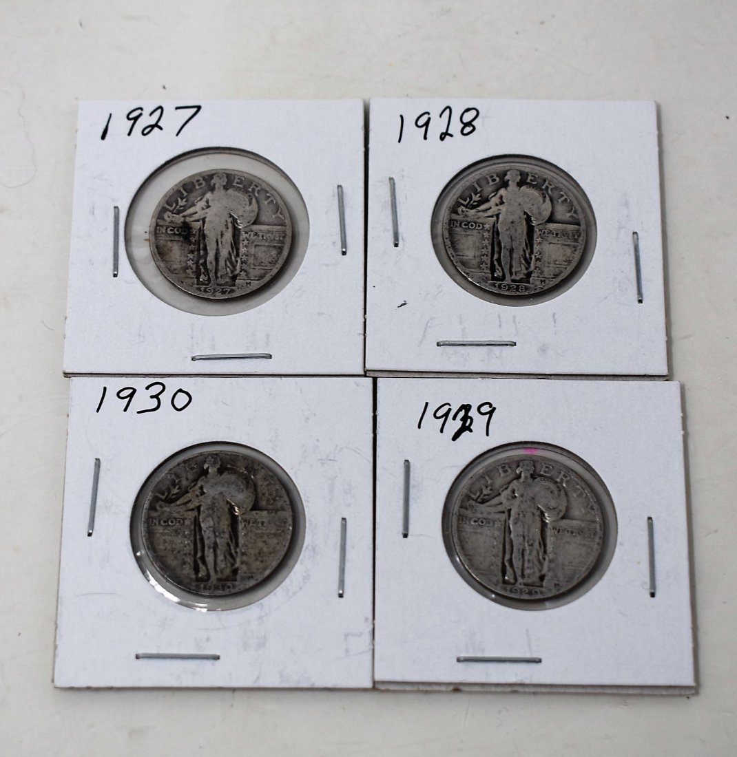 Lot of 4 Standing Liberty Silver Quarters 1927-1930: Group of 4 Silver Standing Liberty Quarters 1927-1930.