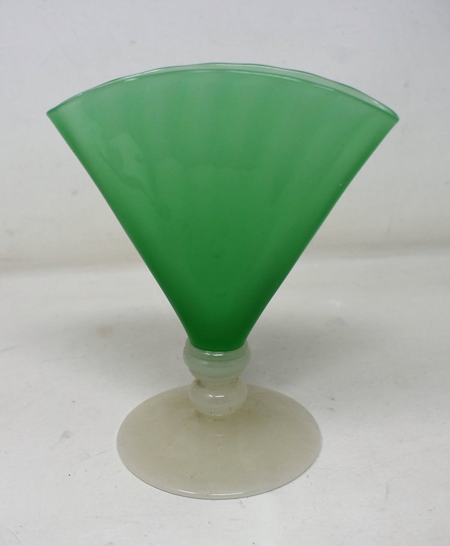 Antique Stuben Jade & Alabaster Glass Fan Vase: Antique Stuben Jade and Alabaster Glass Fan Vase, measures 6" tall, unsigned