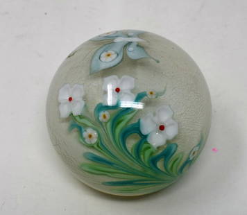 Grant Randolph Studios Art Glass Paperweight: Grant Randolph Studios Art Glass Paperweight with Flowers and Butterfly, measures 2.5" in diameter, signed and numbered 81/670