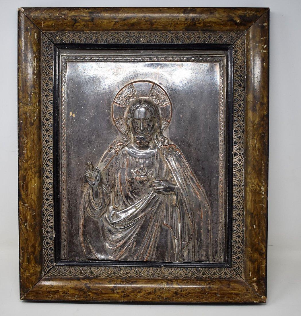 Vintage Religious Artwork Framed Jesus: Vintage Religious Artwork, Jesus Framed. Made of silver plate over copper, 3-D. Measures 18.5" x 16" framed