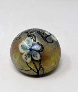 1975 Orient & Flume Paperweight Flowers: Vintage 1975 Orient & Flume 3" Paperweight with Flowers, signed and dated