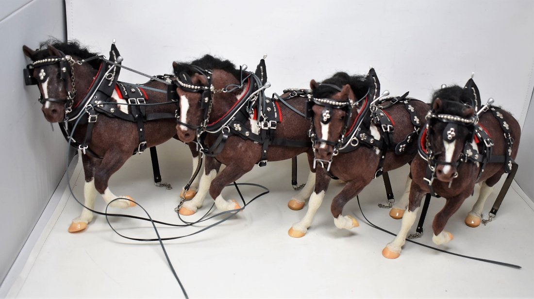 4 Large Flocked Breyer Work Horses with Fancy Tack: Lot of 4 Large Flocked Breyer Work Horses with Fancy Tack