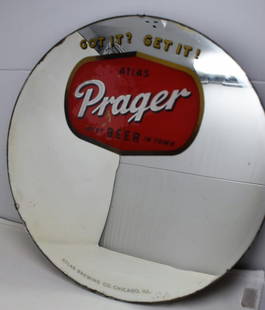 Vintage Atlas Prager Beer Round Advertising Mirror: Vintage Atlas Prager Beer Round Bar Advertising Mirror, measures 15.5" in diameter.