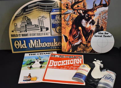 Lot of Vintage Beer Advertising Hamms Buckhorn Old Mil: A Group of Vintage Beer Advertising Signs including Cardboard Counter Cards for Buckhorn, Hamms and Old Milwaukee. Also plastic Hamms Bear sign insert measuring 12.75"