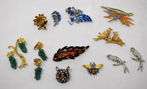 Lot of Rhinestone Brooches/Earrings: A Lot of 11 Rhinestone Brooches, 2 have matching earrings