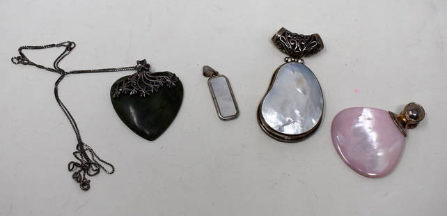 4 Large Sterling Silver & Stone Pendants: A Group of 4 Sterling Silver and Stones Pendants. For reference the Large White Mother-of-Pearl Pendant is 3" long.