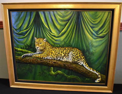 Acrylic Painting Cheetah Under Glass: Acrylic Painting Under Glass, Cheetah. It measures 32" x 26". Very nicely done, we cannot identify the signature.