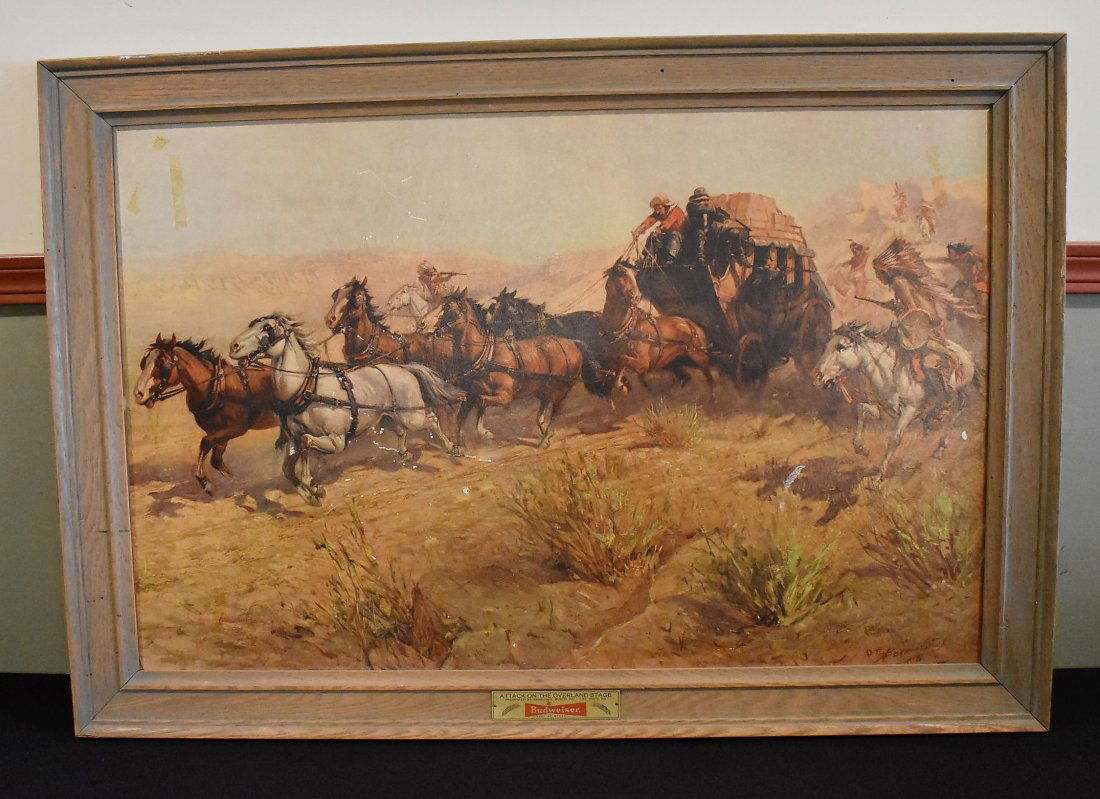 Budweiser Advertising Framed Print Overland Stage Coach: Anheuser-Busch Budweiser Vintage Advertising Framed Print "Attack on the Overland Stage", measures 30" x 42"