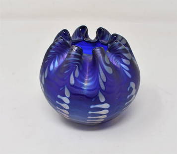 1978 Charles Lotton Art Glass Rose Bowl RARE: EARLY 1978 Charles Lotton Art Glass Rose Bowl, Blue with Silver Zipper Pattern, measures 4" in diameter, signed and dated. Rare piece of early Lotton Glass.