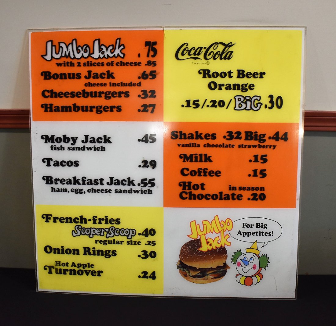 Vintage Jumbo Jack Drive Thru Menu Board: Vintage Plexi Jumbo Jack Drive Thru Menu Board, measures 29.5" x 29.5"