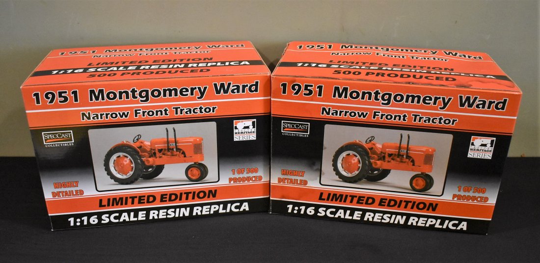 2 Speccast 1951 Montgomery Ward Die-Cast Tractors: 2 SpecCast 1:16 Scale 1951 Montgomery Ward Narrow Front Die-Cast Tractors. Both are new in box