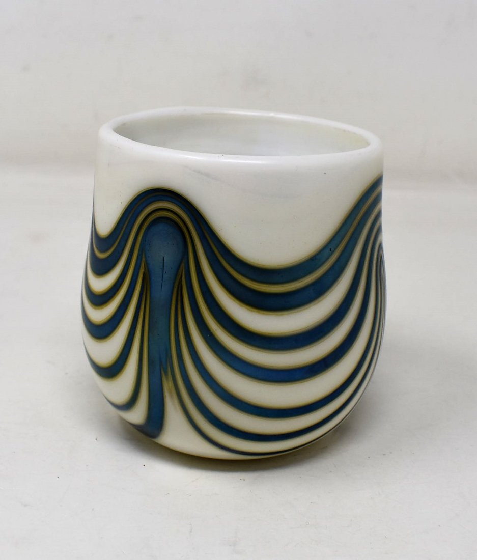 Early Charles Lotton Art Glass Vase 1972 Draped: 1972 Charles Lotton Art Glass Vase, Pearly White with Draped Iridescent Blue, measures 3.5" tall, signed and dated