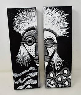 Pair of Unusual Original Paintings on Canvas: A Set of 2 Paintings on Canvas measuring 12" x 4" each, signed