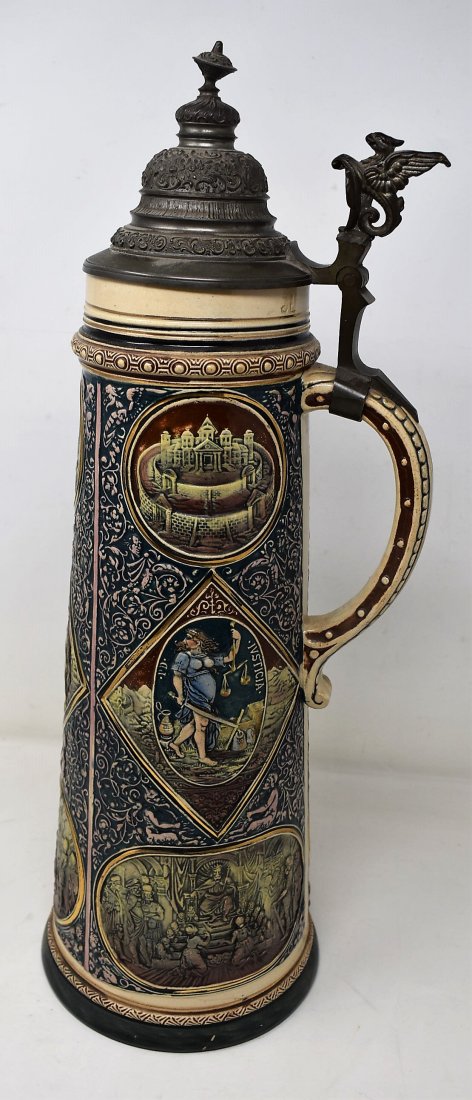 3 Liter German Beer Stein king Salomon: Tall 3 liter German Pottery Beer Stein with Pewter Lid, measures 18" tallfantastic 3 liter pottery stein various figures and scenes wrapped around centered with king Salomon on horsebackmint