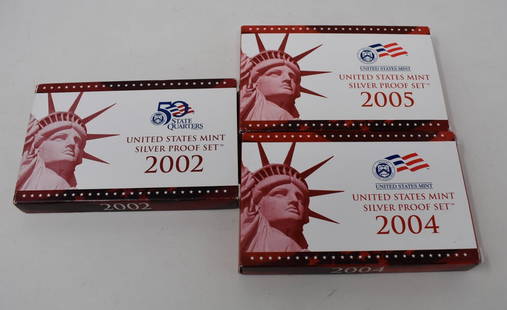 3 U.S. Mint Silver Proof Sets 2002 2004 2005: A Group of 3 United States Mint Silver Proof Sets 2001, 2004 & 2005. Each set also includes a set of Silver State Quarters and COA as shown.